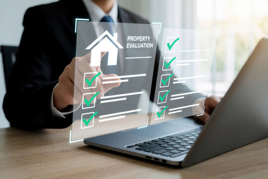 Businessman uses laptop for property evaluation checklist. Realtor agent checks digital home inspection list on screen. Pro man manages real estate mortgage application, housing assessment process
