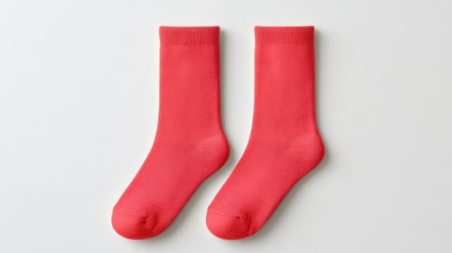 Pair of bright red cotton socks displayed on a clean white background, showcasing smooth texture and even color distribution for apparel and fashion use