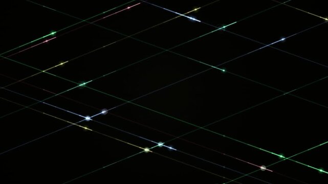 Luminous neon lines intersect in a grid pattern on a dark background.