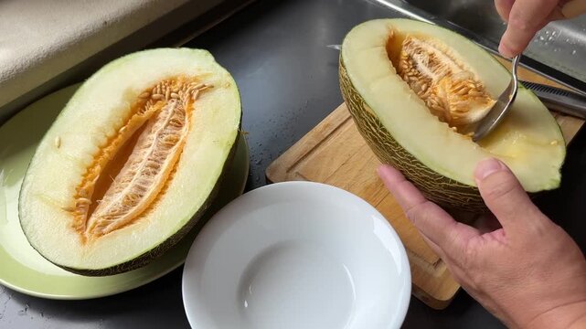 Scooping seeds out of halved ripe melon with spoon into bowl