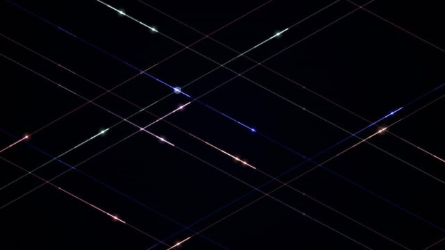 Intersecting lines of light glow in vibrant hues against a deep black background.