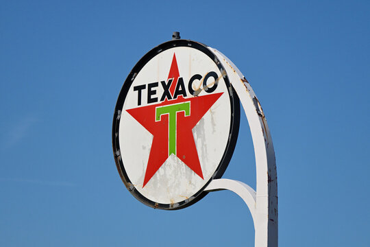An old Texoco petroleum company sign still on display in a north central Illinois community. The sign is a remnants of those used at gas stations decades ago throughout the United States.