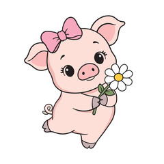 Fototapeta premium Cute cartoon pig girl holding a daisy flower. Vector illustration of a happy little pink piggy character with a bow, isolated on a white background