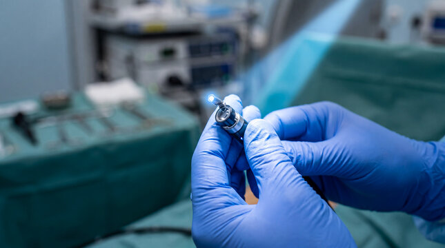 Surgeon wearing blue nitrile gloves inspecting the tip of a bronchoscope in a sterile operating room