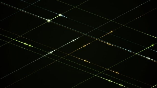 Geometric grid pattern formed by intersecting lines with glowing dots against a dark background