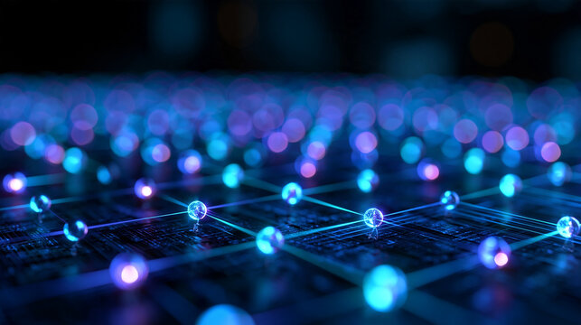Glowing Network Nodes and Digital Connections on Circuit Board
