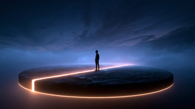 Silhouette of Man Standing on Glowing Divided Platform