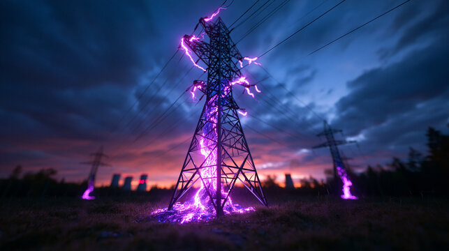 Electric Power Pylon with Dramatic Voltage Surge at Sunset