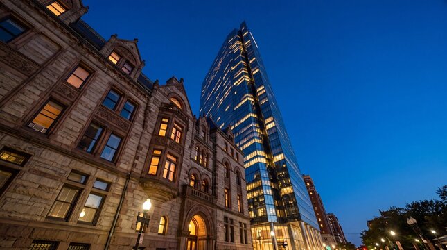 Modern Skyscraper Beside Historic Architecture at Twilight