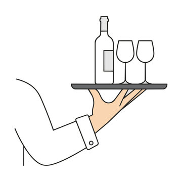 Minimalist line art of a server hand holding a tray with a bottle of wine and two glasses isolated on white hospitality and service concept