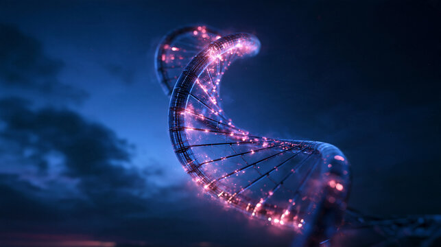 Glowing DNA Helix Structure in Night Sky