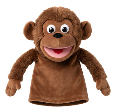 Smiling plush monkey hand puppet with open mouth