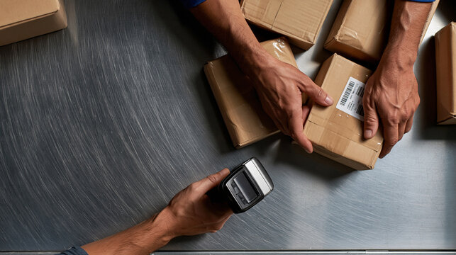 Warehouse Worker Scanning Parcel Boxes on Conveyor Belt