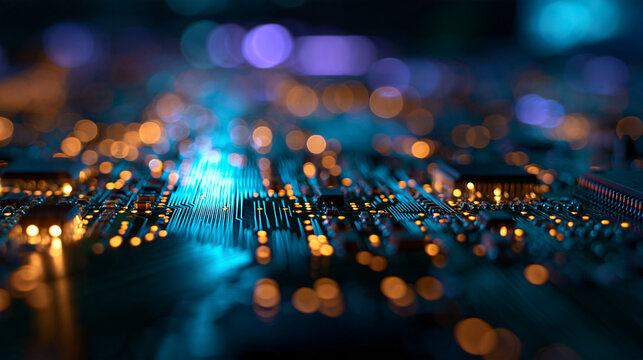 Futuristic Circuit Board with Illuminated Microchip and Data Tracks