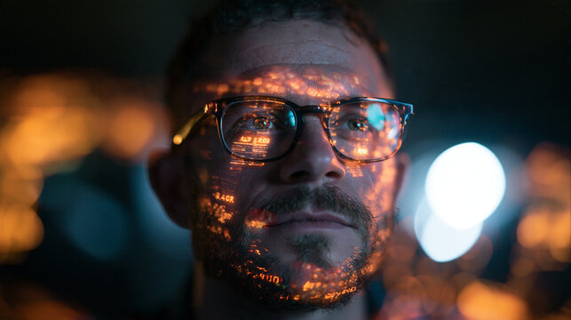 Programmer with Reflected Computer Code on Face and Glasses