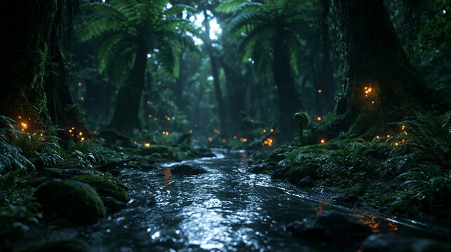 Magical Enchanted Forest with Stream and Glowing Lights