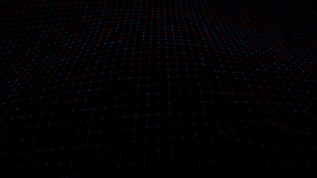 Seamless Loop Futuristic Red and Blue Wireframe Terrain Rippling in Digital Space