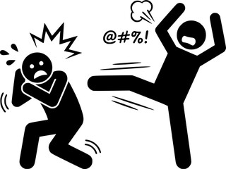 Fototapeta premium Angry Man Kicking and Attacking Scared Victim Physical Abuse Concept Stick Figure Vector Icon