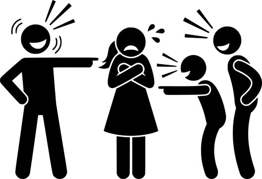 Group of People Bullying and Mocking Crying Woman Harassment Concept Stick Figure Vector Icon