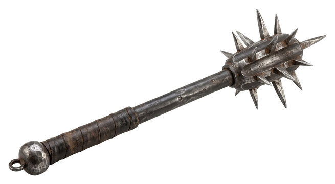Spiked metal mace with a worn cylindrical handle