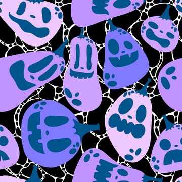 Autumn harvest vegetable seamless monster Halloween pumpkins pattern for wrapping paper and fabrics