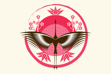 Fototapeta premium stylized heron logo design, Japanese style. Abstract flying bird or stork symbol template with floral decoration, suitable for your brand, vector illustration isolated on white retro background