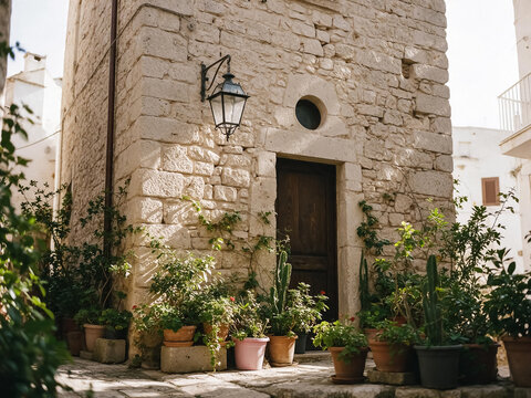 Rustic stone house entrance with vintage lantern, Mediterranean courtyard with potted plants, traditional European masonry architecture