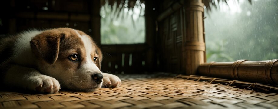 Brown and white puppy lies on woven mat inside bamboo hut looking out at heavy rain. Cute dog rests indoors seeking shelter from monsoon weather during day.