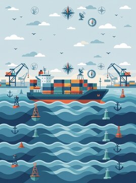 Cruise Ship Sailing on the Sea with Ocean Water, Maritime Transportation, Vacation Travel, Island Landscape and Summer Holiday Theme