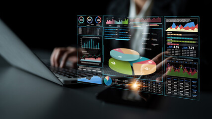 Data analysis and visualization through modern technology depicting graphs, charts, and statistics...