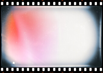 Plakat 35mm photo film strip with red glare, white dusts and scratches and strong lens vignetting, A4 aspect ratio page template with transparent background (PNG image)
