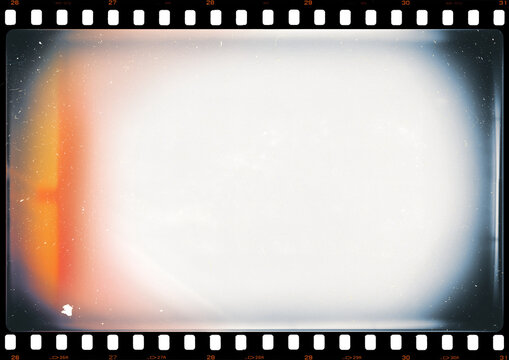 35mm photo film strip with red glare, white dusts and scratches and strong lens vignetting, A4 aspect ratio page template with transparent background (PNG image)	

