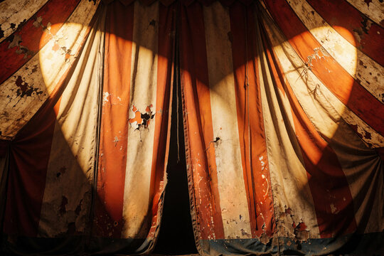 Worn circus tent canvas with peeling paint and red white stripes. Spotlight shines on aged fabric with holes and tears, creating a theatrical, vintage mood for shows.