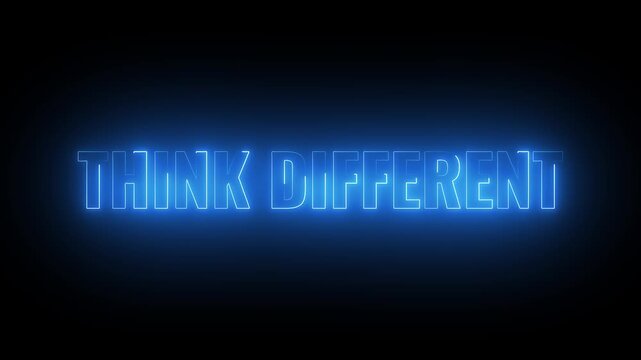 Neon sign displaying think different slogan in modern dark studio setting with clean copy space