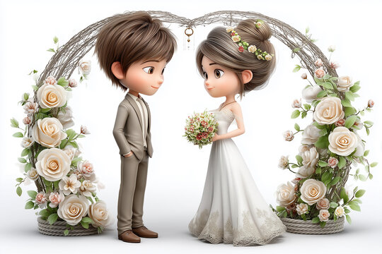 A cute cartoon bride and groom standing under a floral wedding arch decorated with white roses on white background.
