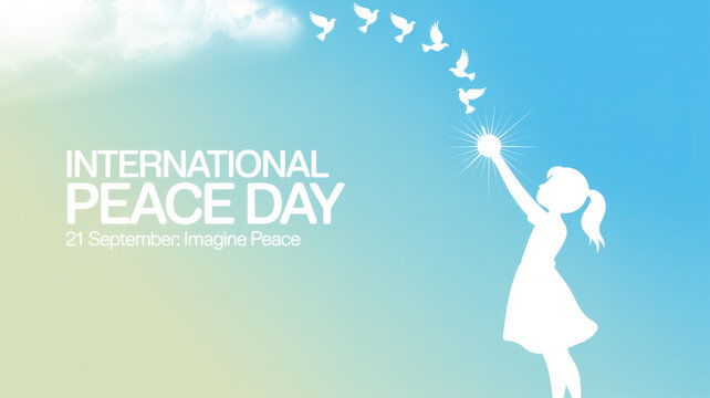 International Peace Day vector poster design with girl releasing white doves of peace under a blue sky