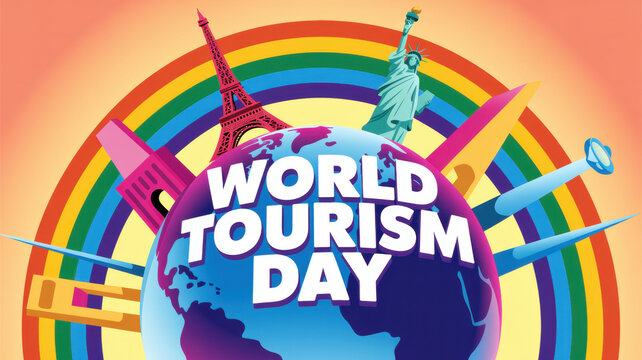 World Tourism Day vector illustration with globe, landmarks, and rainbow background
