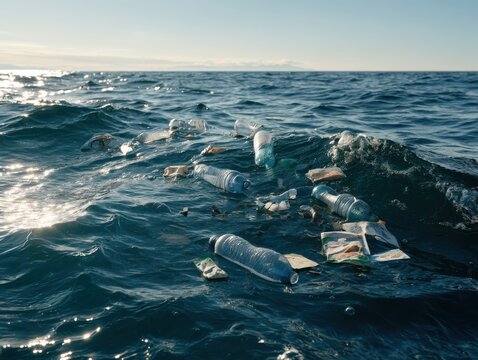 Plastic bottles and mixed trash floating on sunlit ocean waves near distant horizon, showing marine pollution and floating waste reflective surface and choppy blue water