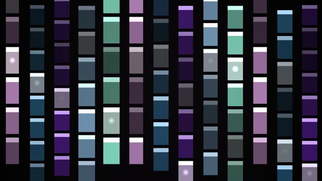 Abstract digital background with vertical columns of pixelated color squares in shades of purple, blue, green, and grey.
