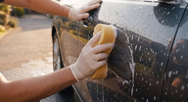 Gloved hand washing a black car with a soapy sponge in a driveway
