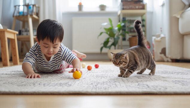 ラグの上で猫とボール遊びをする子ども