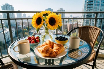 Obraz premium Outdoor breakfast on balcony with sunflowers, croissants, berries, and coffee. City view from apartment terrace. Morning light sets a cozy lifestyle vibe for relaxed start.