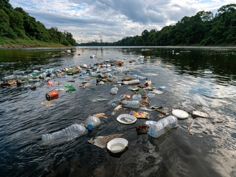 Plastic waste drifting across polluted river beneath cloudy sky, with forested banks framing wide waterway and scattered bottles, containers, and debris showing severe environmental contamination