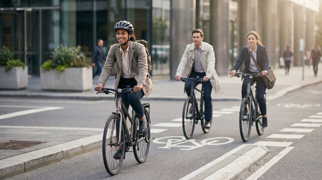 Office Professional Rides Bicycle Through a Protected Intersection