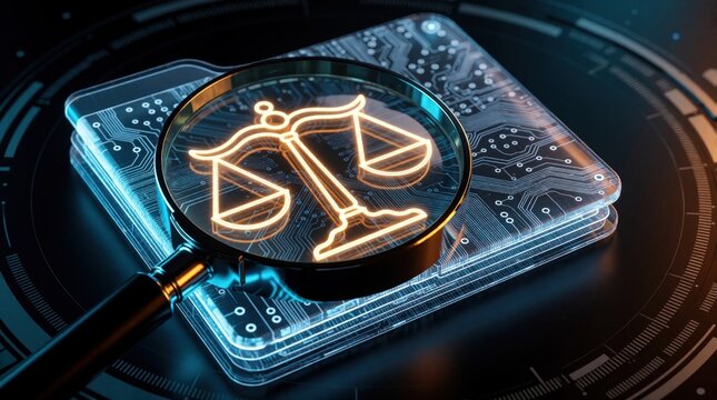 Magnifying glass examines glowing scales of justice icon on digital circuit board folder. Cyber law and digital forensics analysis for legal compliance and data investigation.