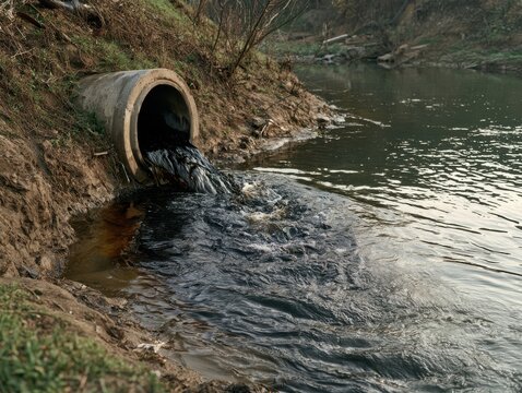 Concrete drainage pipe releasing dark water into calm river beside eroded earth bank, with rippling surface, muddy flow, vegetation, and natural daylight along quiet shoreline