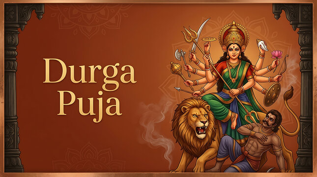 Traditional goddess durga riding lion defeating demon with decorative temple frame and copy space for durga puja and navratri festival greeting artwork