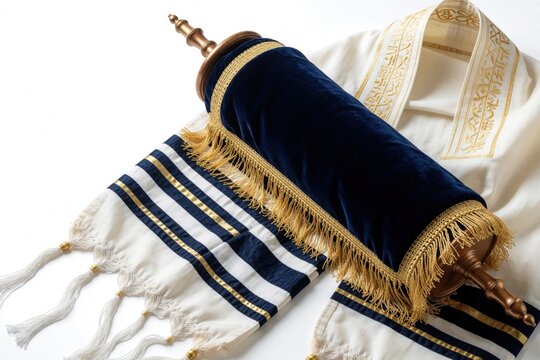 Jewish Torah scroll with blue velvet mantle and gold trim lies on white Tallit prayer shawl with gold embroidery and blue stripes. Sacred religious text ready for reading during worship.