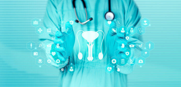 Technology applied to urology and men's health. A physician views an icon of the male reproductive system standing out against an emerald-green bokeh background.