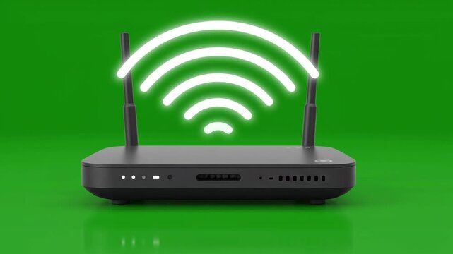 Wireless wifi router with glowing signal icon, black internet modem on green background, network hardware for home office connectivity